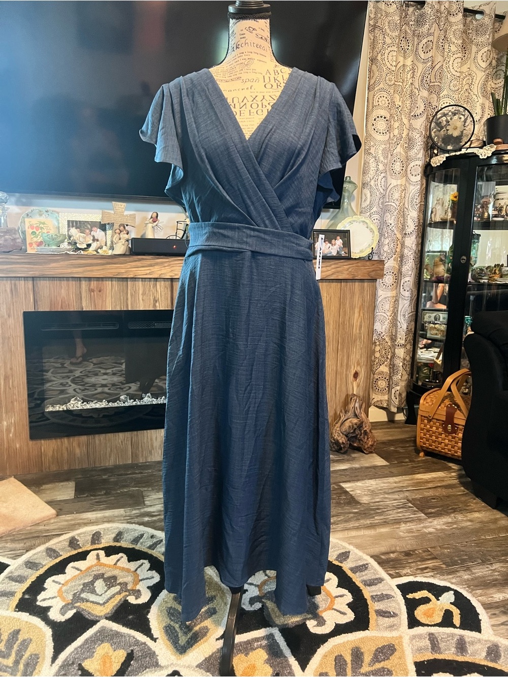 DKNY Navy Wrap-Style Midi Dress with Flutter Sleeves